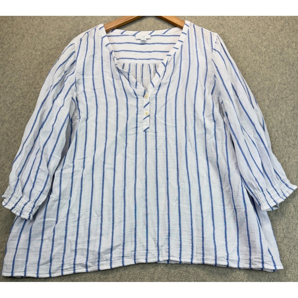 J. Jill Womens Tunic Top Blue White Cotton Vertical Striped V-Neck 3/4 Sleeve L